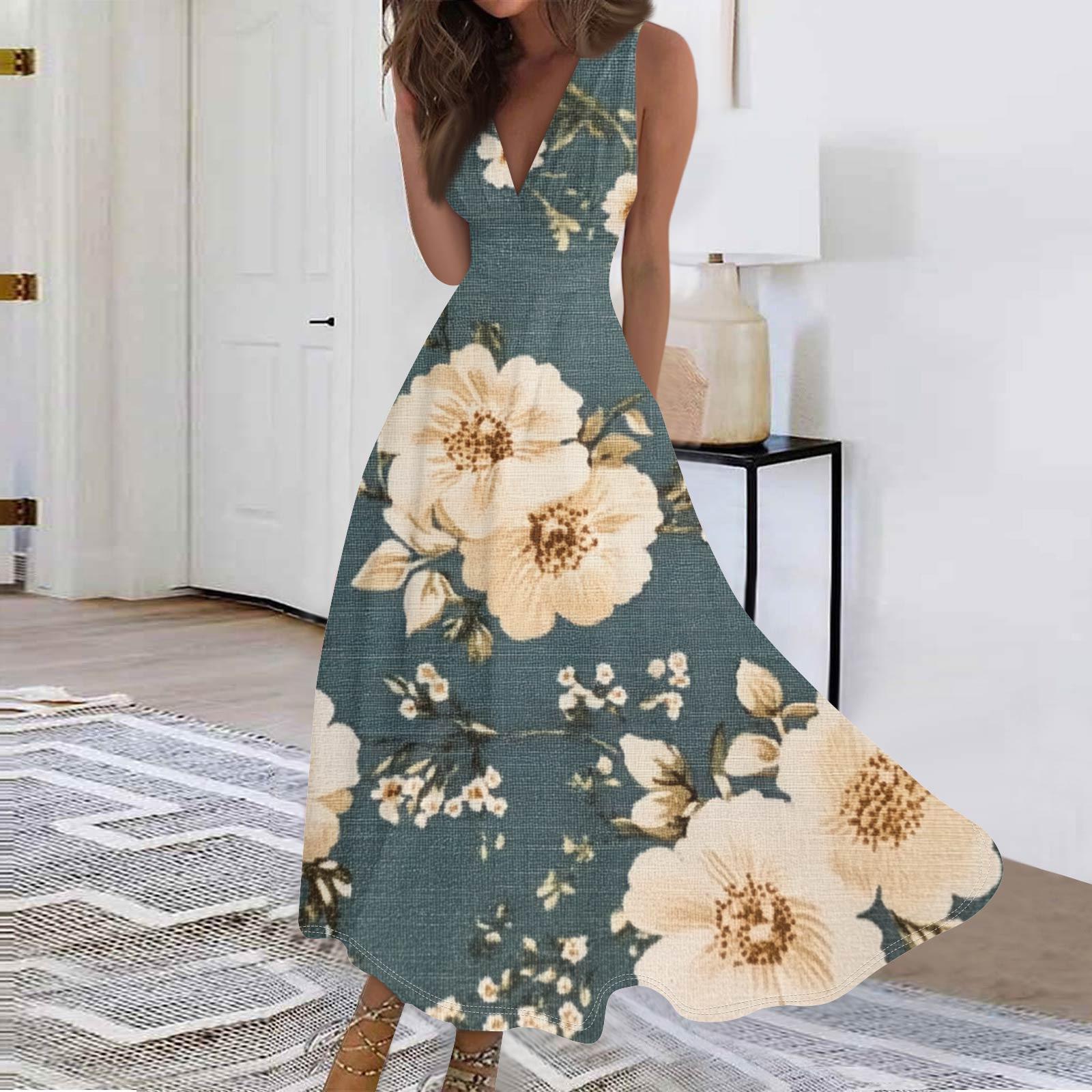 

Женские модные повседневные свободные платья с V-образным вырезом без рукавов с принтом S бежевый