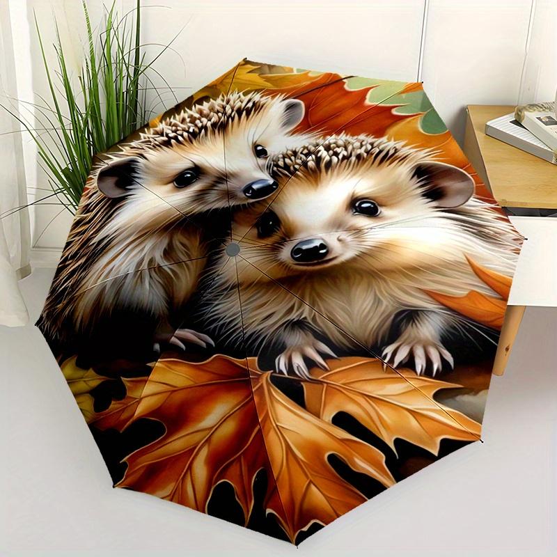 Automatic Open & Close Folding Umbrella with 8 Ribs - Cute Hedgehog & Autumn Leaves Design, Portable Compact Travel Umbrella f