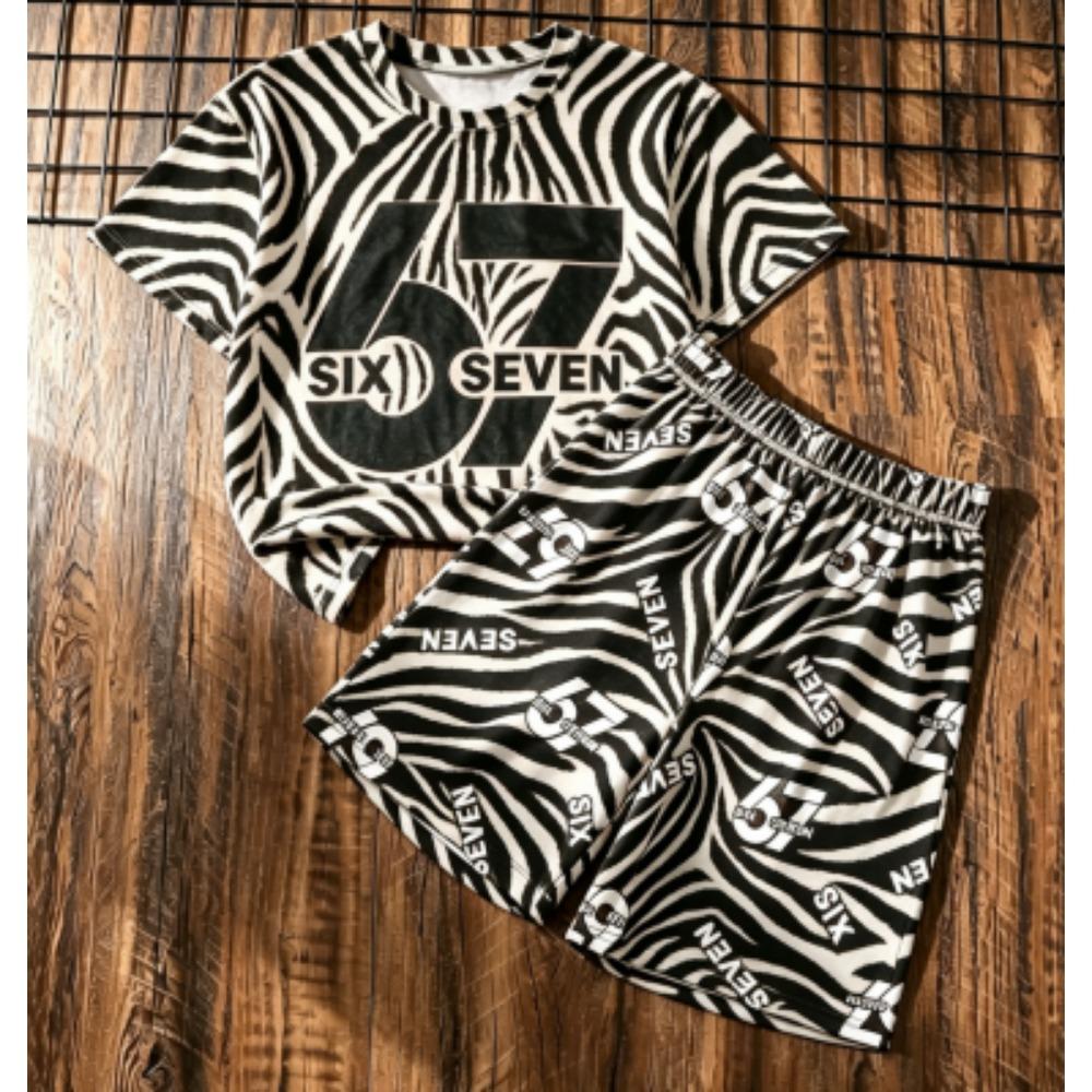 Kids Set Zebra Stripe 67 Number Printed Kids T-shirt and Shorts 2 Piece Set Summer Street Casual Outdoor Boy's and Girl's T-shirt Sets
