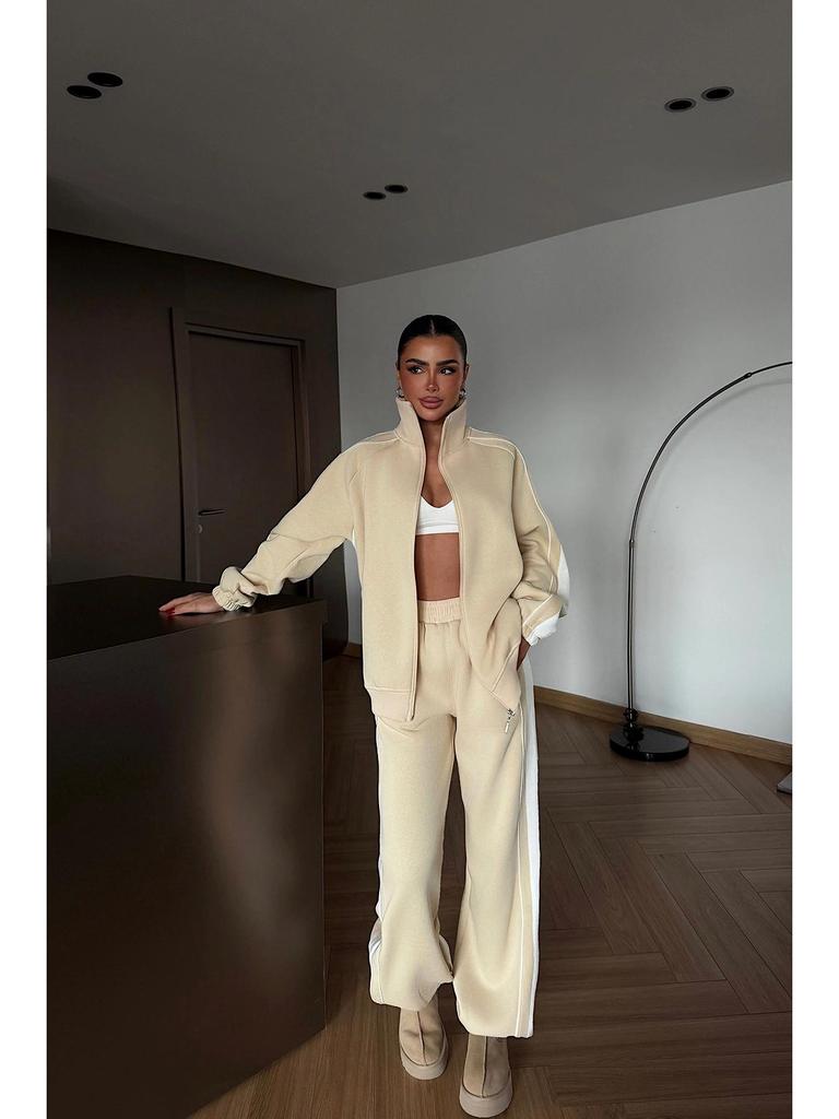 2026 Women's Spring/Autumn Striped Colorblock Zipper Cardigan & Long Pants Two-Piece Set