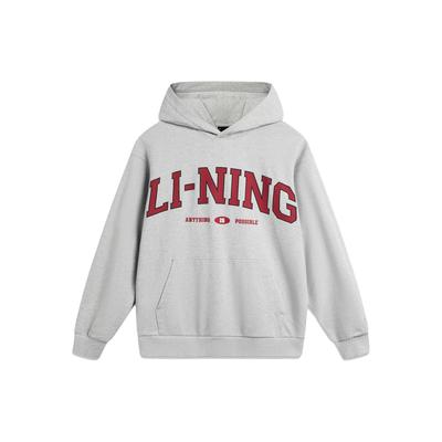 Li Ning Weekend Youth American Vintage Pullover Letter Logo Printed Hoodie Unisex Sweatshirt Light-Gray Smoke-Gray AWDU781-1