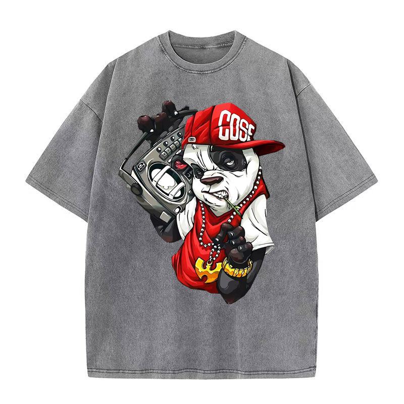 

Футболка с рисунком в стиле ретро с рисунком хип-хопа и медведя из стираного хлопка с коротким рукавом, летняя уличная одежда, винтажный унисекс-топ XL