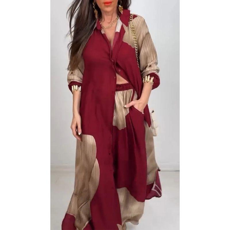 2025 European and American Print Women Cardigan Print Top and Pants Commuter Leisure Set