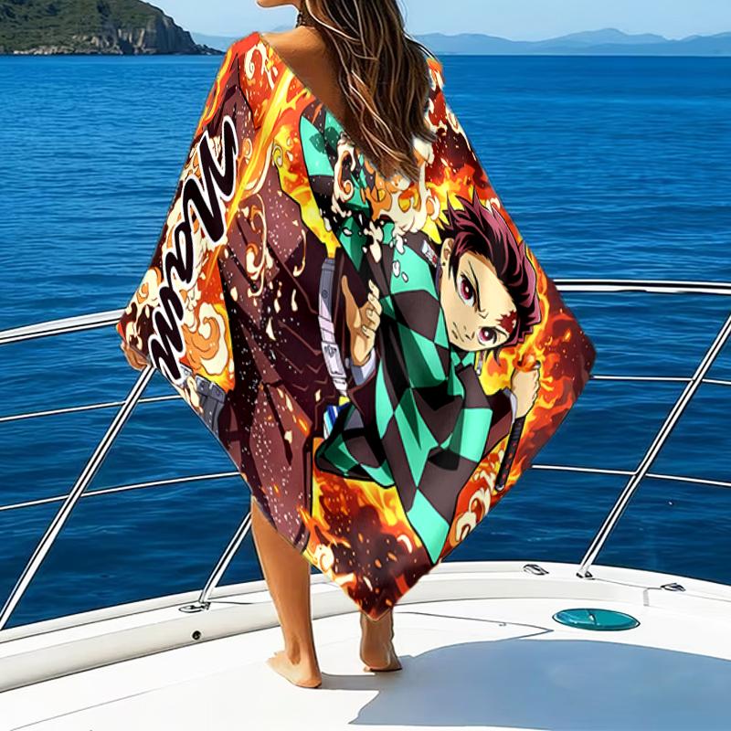 1pc Demon Slayer1 Beach Towel with Custom Name, Beach/Swimming/Bath/Picnic/Camping Towel, Suitable for Seaside Beaches