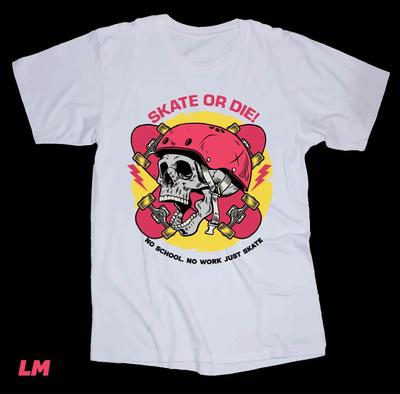Skate or Die White Shirt Skateboarding Vans Skull Helmet Skateboard Launch Mode