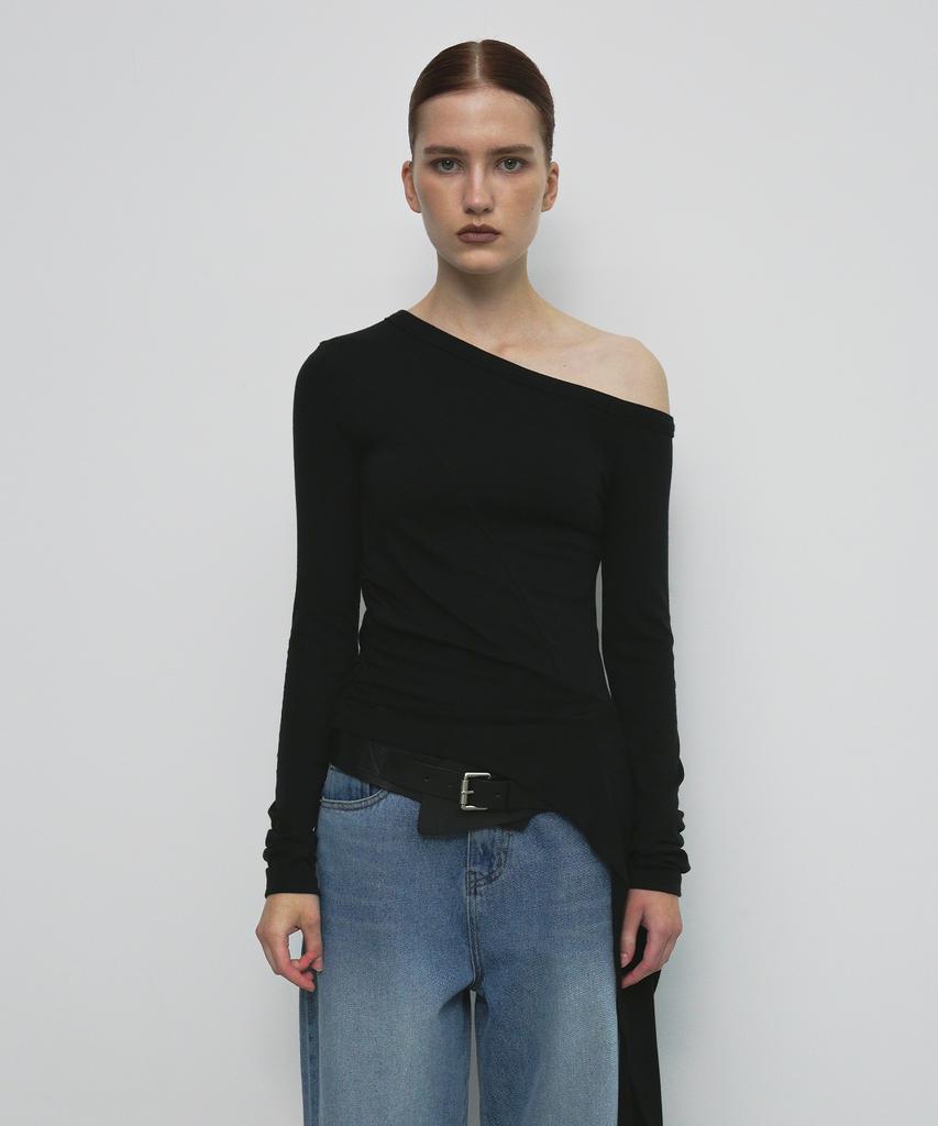 Saendeulig One Shoulder Unbalanced Strap T-Shirt_Black