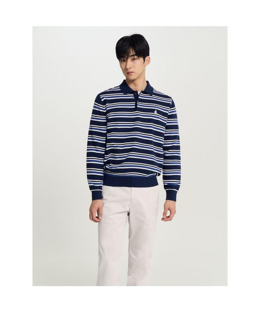 Binpolmen Multi-Stripe Collared Neck Knit Navy