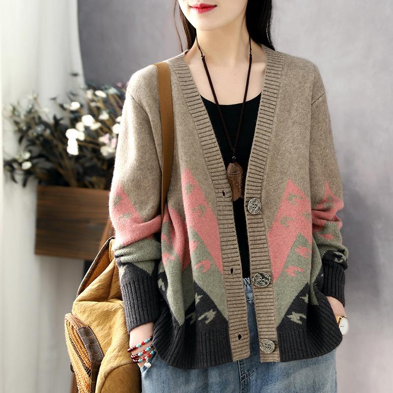 

Винтажный вязаный кардиган жаккардовой вязки для женщин на весну и осень, свободный свитер-пальто с длинными рукавами S хаки