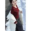 Korean Red V-Neck Long-Sleeve Women's T-Shirt, Spring Chic Slim-Fit Top for Layering