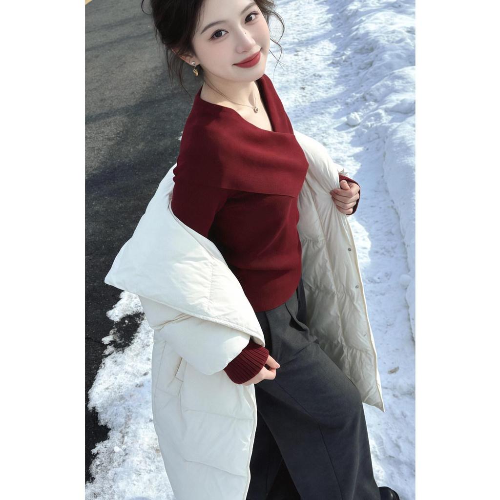 Korean Red V-Neck Long-Sleeve Women's T-Shirt, Spring Chic Slim-Fit Top for Layering