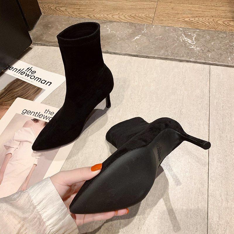 High Heels Pointed Short Boots Women 2025 Autumn and Winter Velvet Thin Heel Black Elastic Socks Boots Internet Celebrities Show Thin Boots Medium Tub
