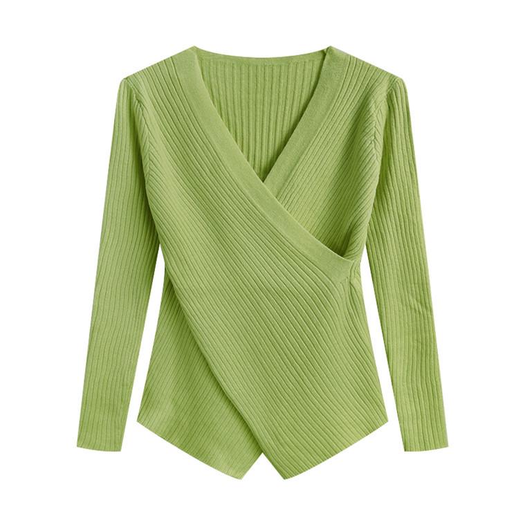 Women's V-Neck Irregular Knit Long Sleeve Sweater - Slimming Autumn Fashion Top