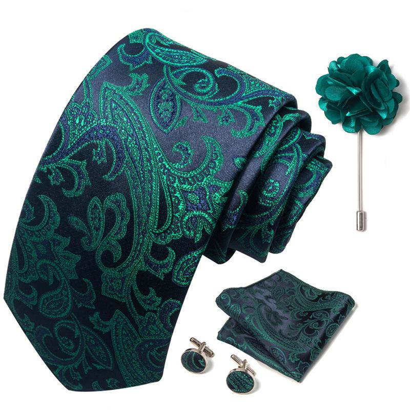 Men 8cm Wide Silk Wed Neck Tie Cufflinks Brooch Pin Handkerchief Business Wedding Party Suits Groom Accessories Gift