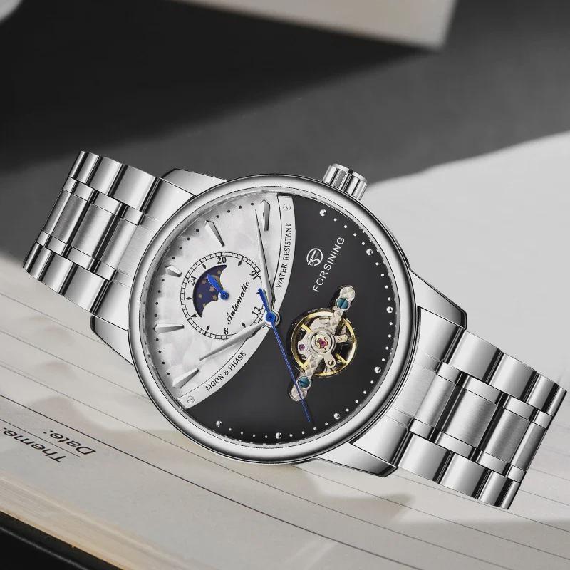 FORSINING Men's Moon Phase Tourbillon Watch Luxury Self-wind Mechanical Automatic Waterproof Retro Watches Stainless Steel Band Wristwatch