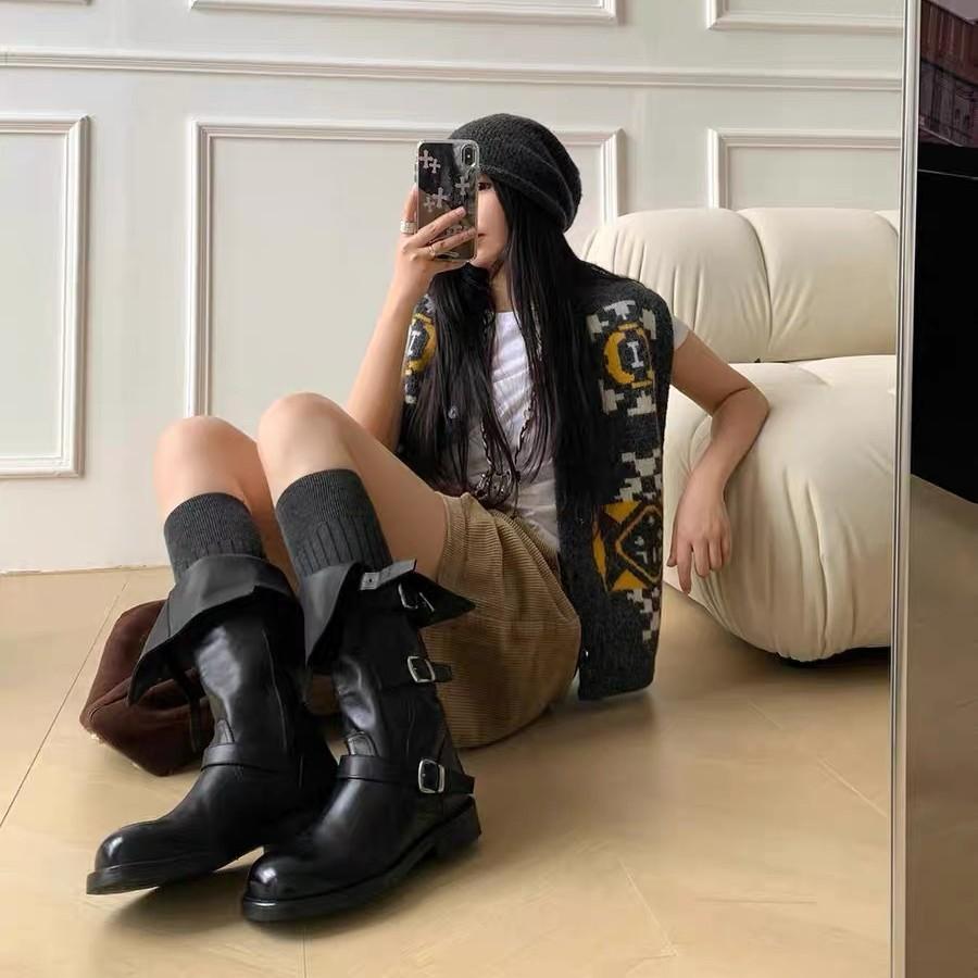 Cowhide Version~ Retro Belt Buckle Thick Heel Shoes Women's Thick-soled Thin Brown Long Boots Big Tube Circumference High Knight Boots