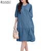 ZANZEA Women Casual Round Neck Half Sleeve Loose Dress