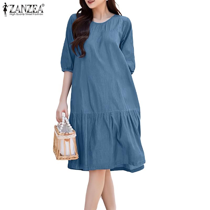ZANZEA Women Casual Round Neck Half Sleeve Loose Dress