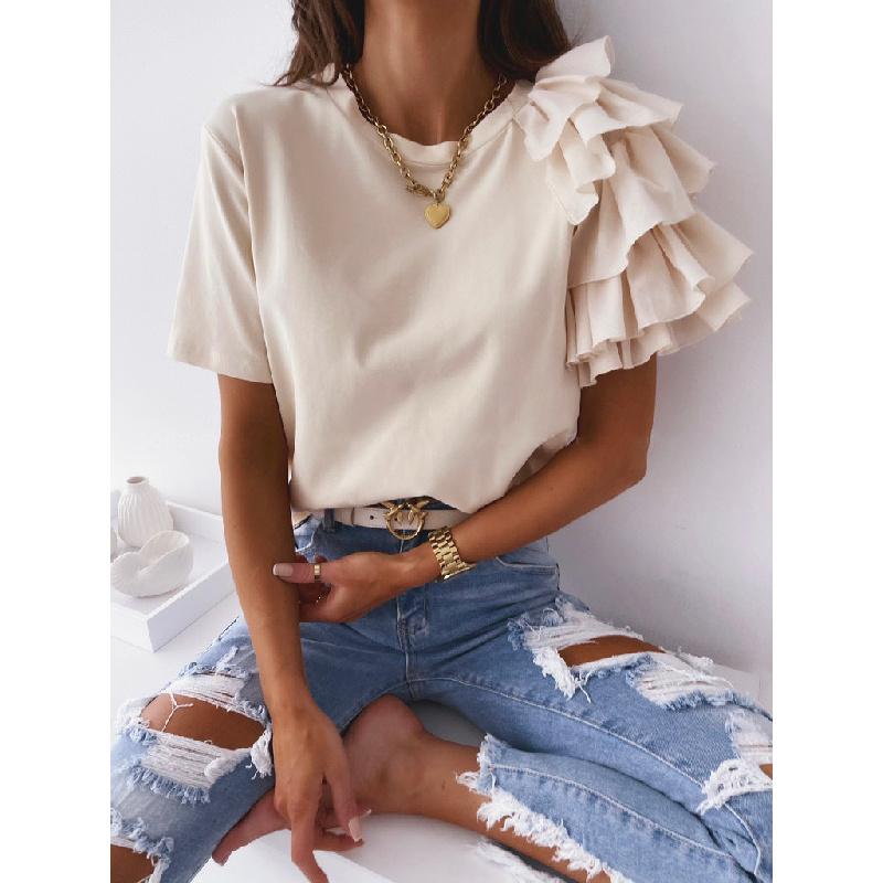 T-shirt da donna 2026 Estate Manica Corta con Volant Girocollo Semplice ed Elegante