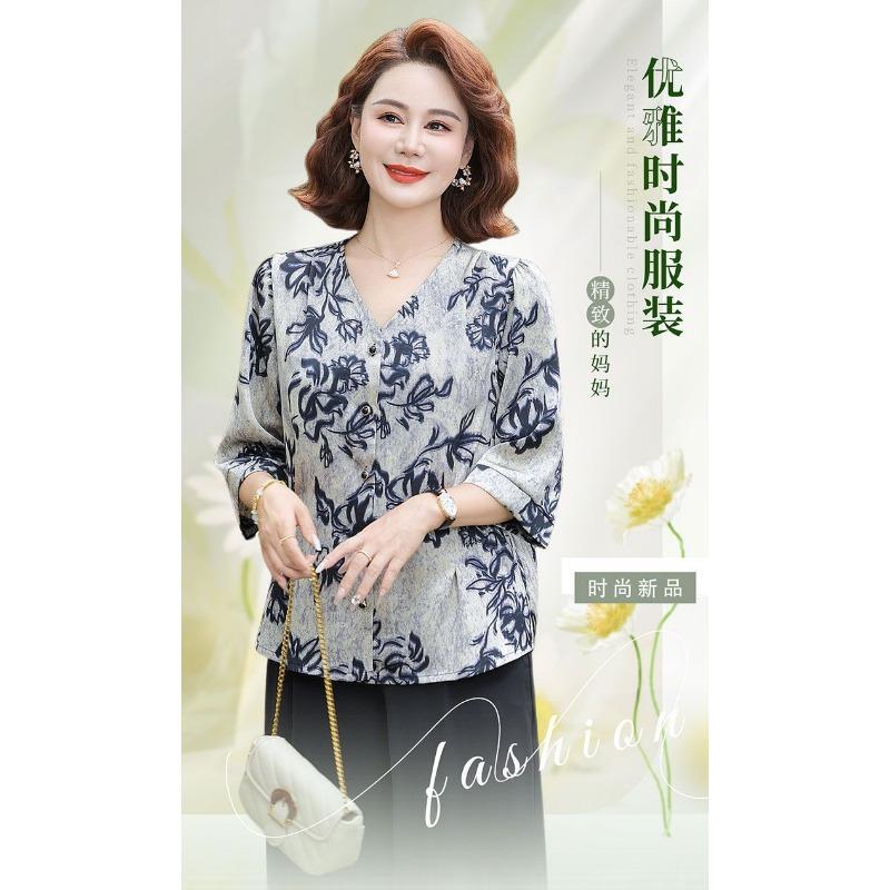 Temperament Middle-aged and Elderly Summer Floral Tops Fashionable Three-quarter Sleeve Cardigans Versatile