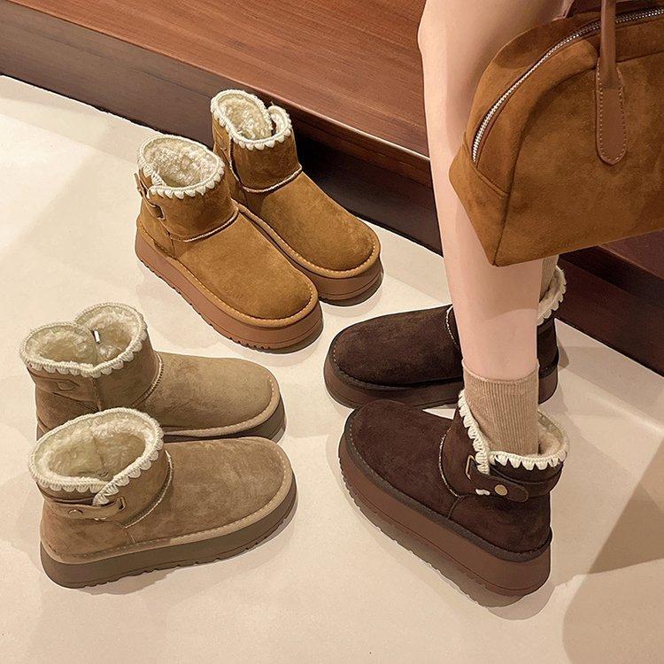 Pelzintegrierte Schneestiefel mit dicker Sohle Damen 2025 neue Winter-Kurzstiefel gefüttert und verdickt warm Nordost Schnee Baumwollschuhe