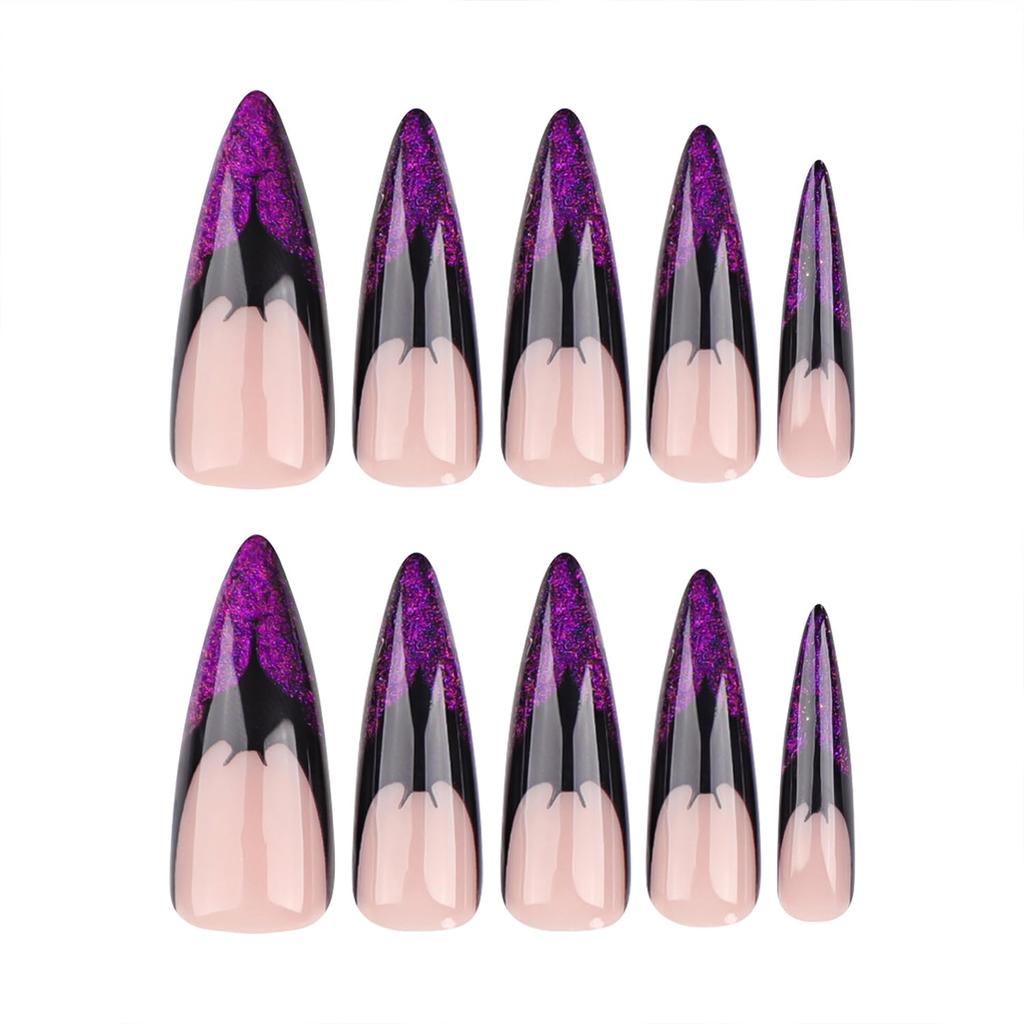 Halloween Press On Nails Medium Almond Fake Nails with Designs Bat Purple French Tip Glossy Glue On Nail 24 Pcs Natural Reusable Acrylic Nail for