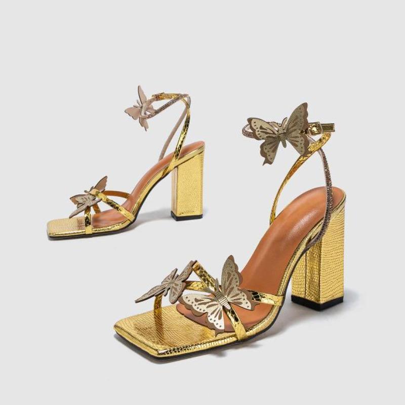 Sexy Women Heeled Sandals Butterfly Square Toe Buckle Cross Strap Thick High Heels Nightclub Party Shoes Chaussures Femme