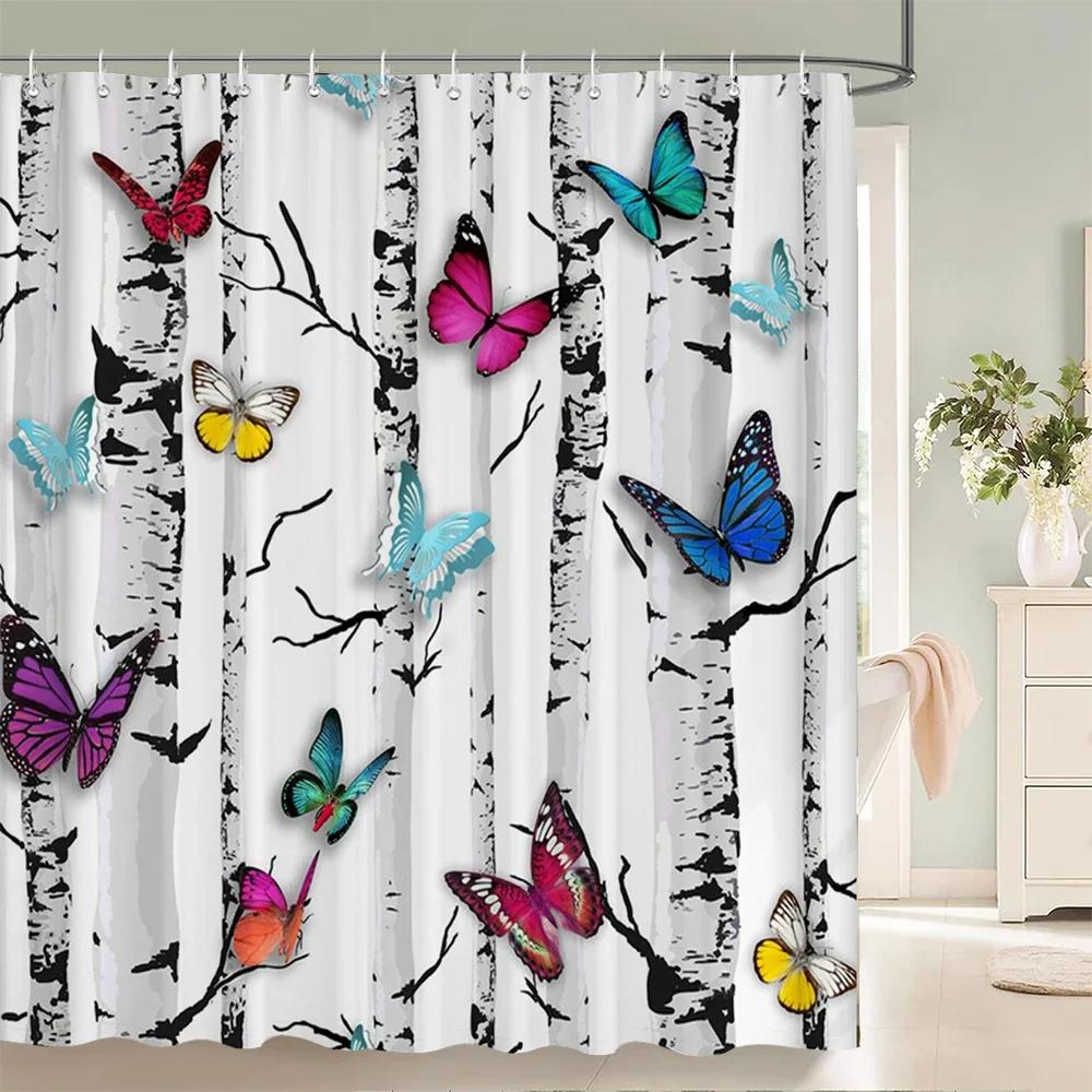 Beautiful Flowers Shower Curtain Butterfly Birds Printed Bathroom Curtains Polyester Fabric Home Decor Bathtub Screen with Hooks