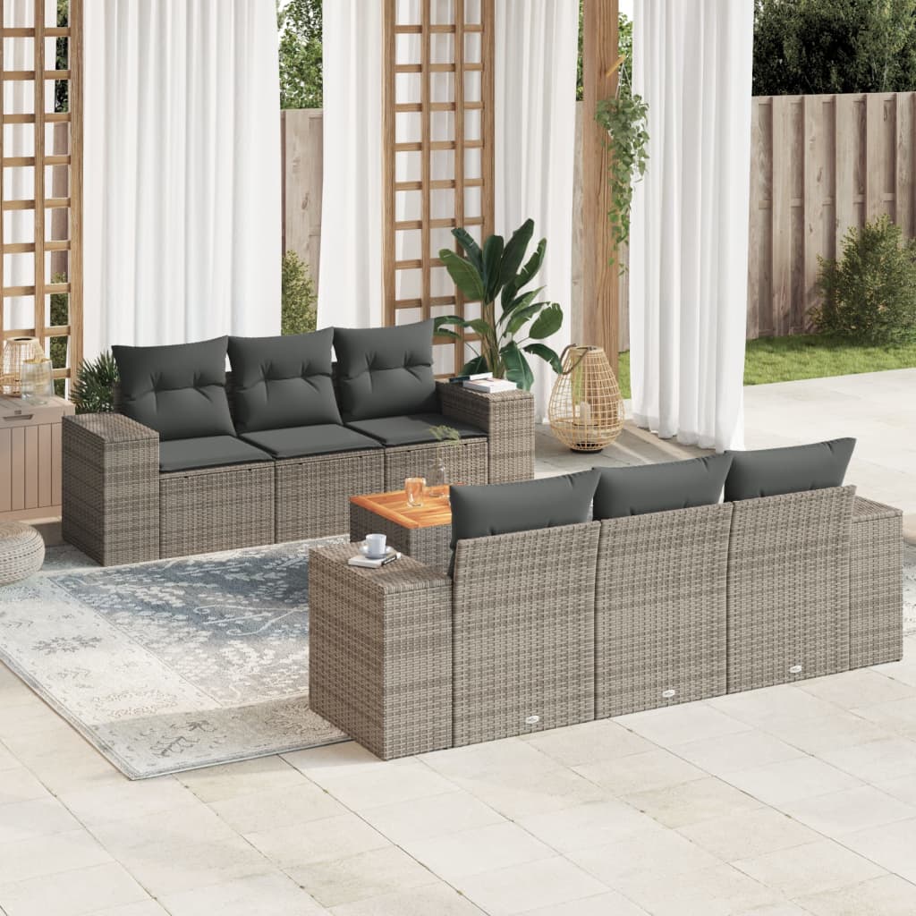 7-teiliges Gartensofa-Set mit Kissen, graues Poly-Rattan