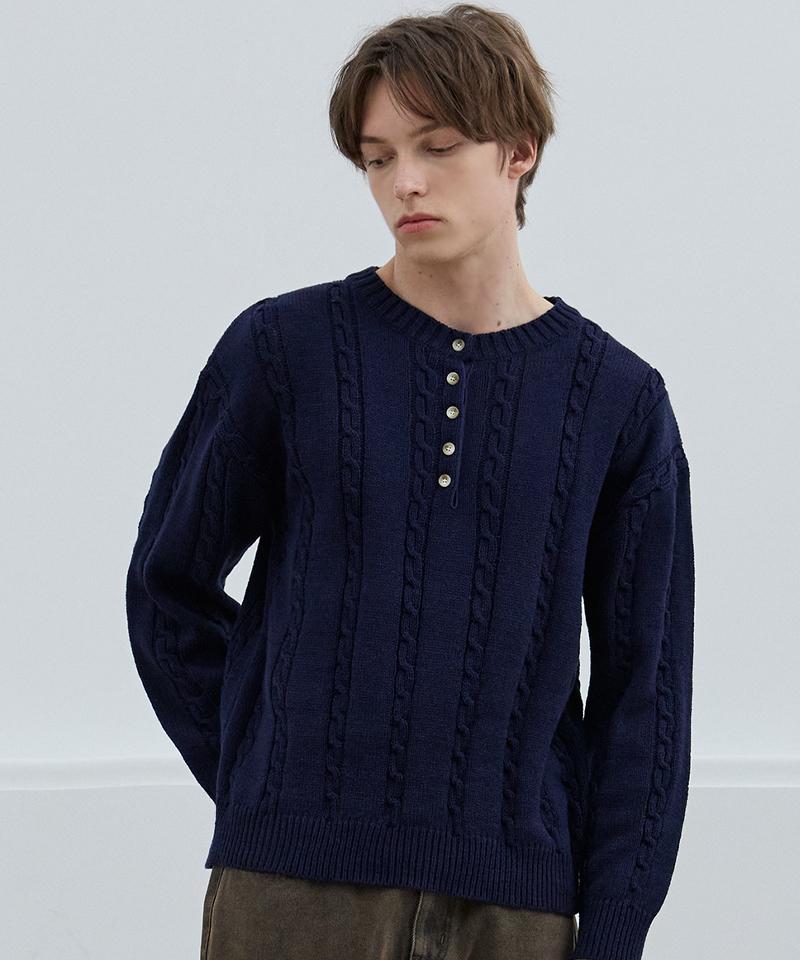 Nod You Mild Henley Neck Round Knit T-Shirt [Navy] M