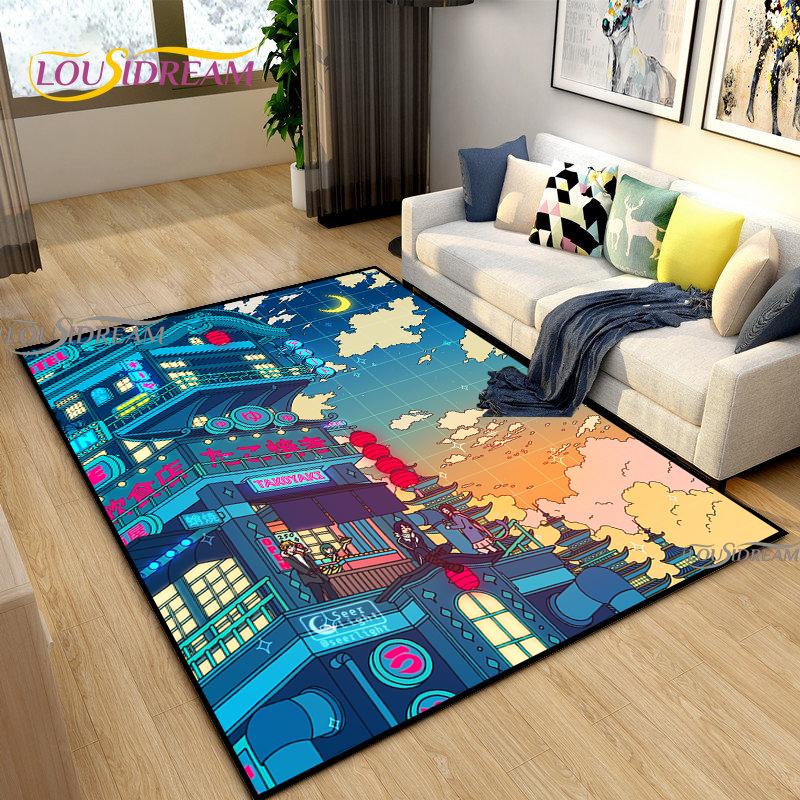 Japanese Anime Night Scene Rugs Child Game Floor Mat Alfombra Cartoon Carpets Modern Home Living Room Decor Washable Floor Rug