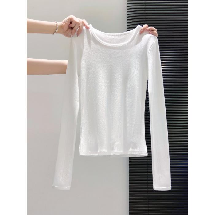 Schlankes und schmales Spice Girl Top Herbst Leicht Transparent Rundhalsausschnitt Jacquard-Struktur Langarm-T-Shirt Vorderseite Schulter Unterseite Hemd Damen