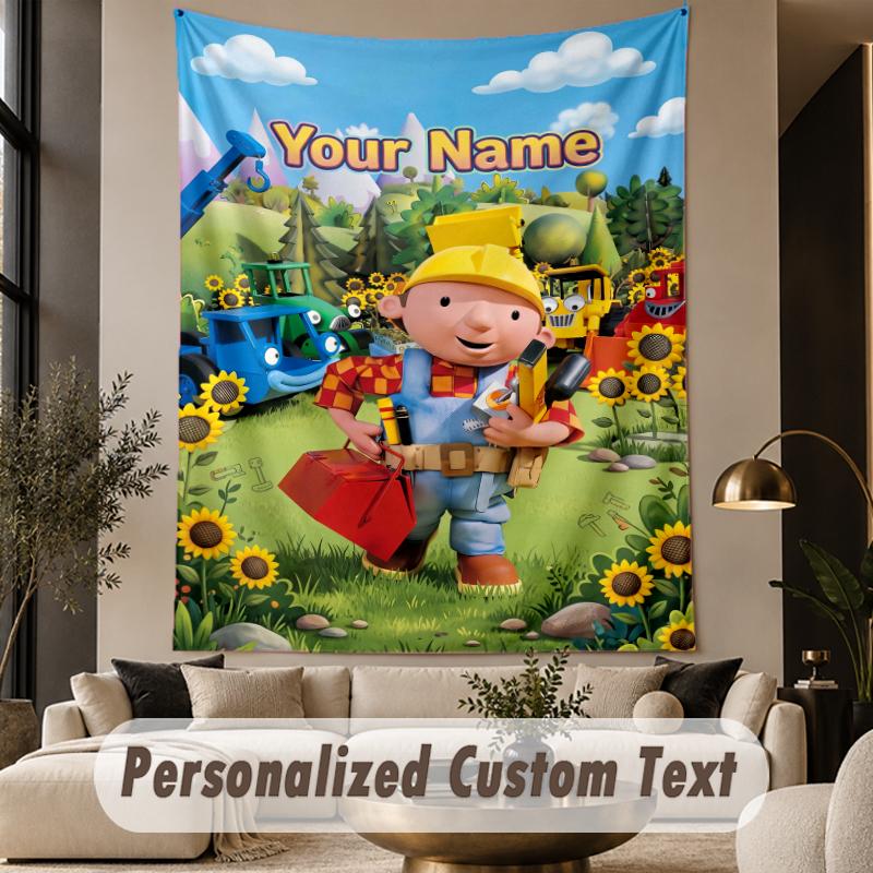 Custom Text Printed Tapestry Bob the Builder Pattern Large Wall Hanging Indoor Room Decor