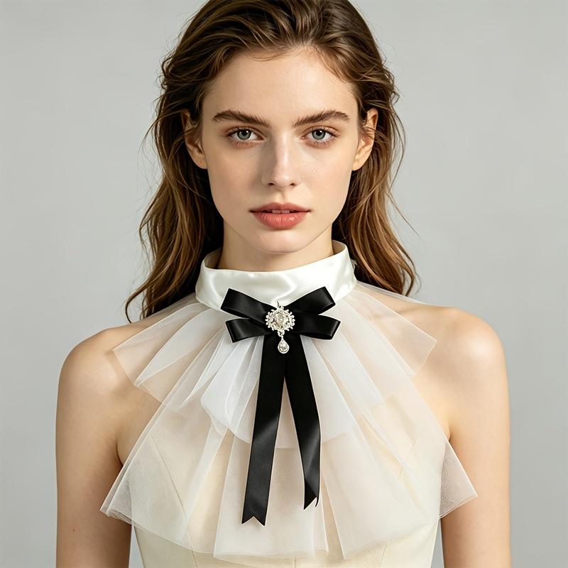 Vintage Mesh Fake Collar Women Stand Collar Detachable Neck Collar With Black Bow Crystal Pendant Decorative False Collar For Dress Shirt