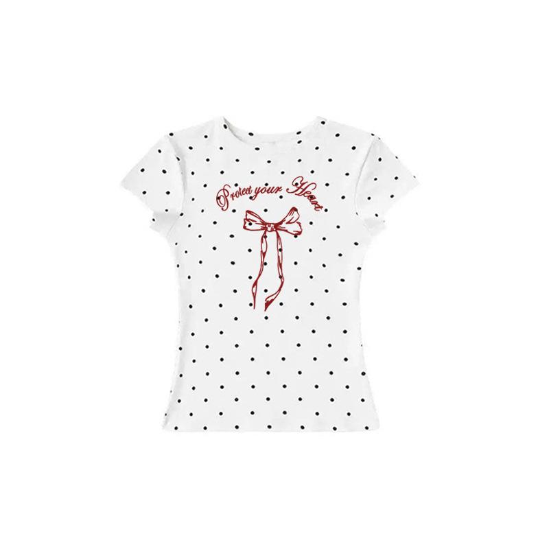 Summer new polka dot design round neck front shoulder short sleeve T-shirt women s bow print slim fit top S