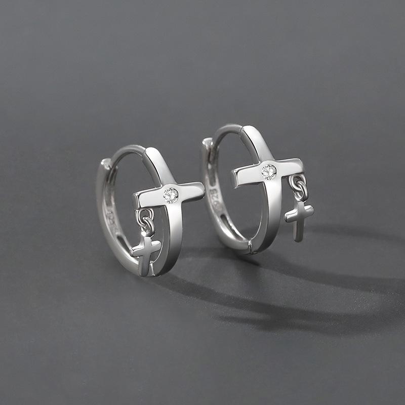 S925 Silver-Plated Double Cross Men's Stud Earrings - Trendy American Niche Design