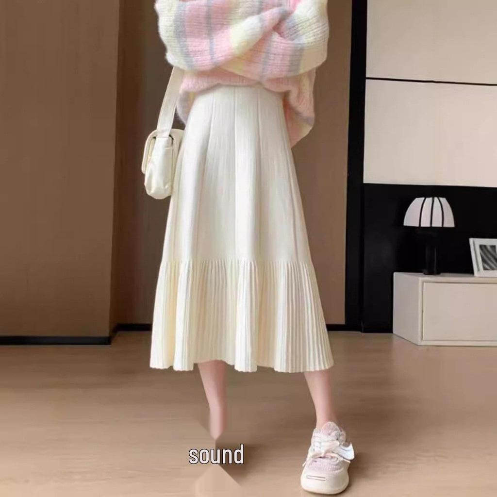 Women's Autumn/Winter 2025 High Waist Knitted Pleated Midi Skirt - Petite A-line Slimming Design