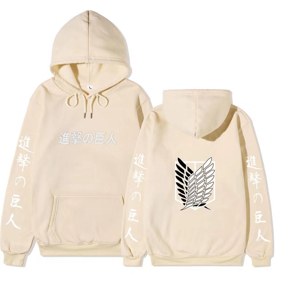 Attack on Titan Unisex Fleece Hoodie Front Japanese Text, Back Wings of Freedom Logo Autumn Winter Casual Pullover