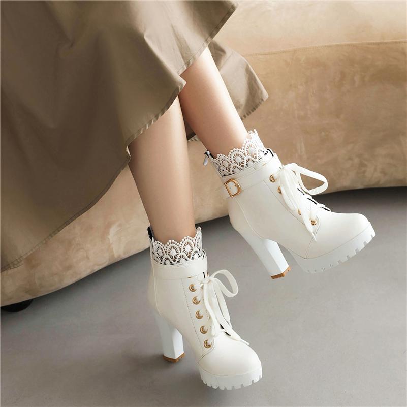 FOREADA Woman Ankle Boots Round Toe Platform Chunky High Heels Buckle Zipper Lace-up Short Boot Lady Fashion Shoes Autumn Winter