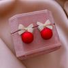 Gold Zircon Bowknot Stud Earrings With Red Pearl Flower Festive Christmas Jewelry Gift For Women