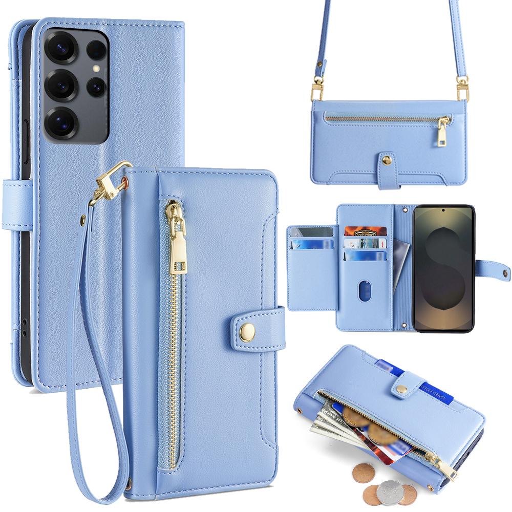 For Samsung Galaxy S25 Ultra Leather Case Zipper Pocket Wallet Phone Cover with 2 Straps