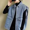 Chaqueta de mezclilla fina sin mangas de un solo pecho para mujer, estilo retro literario y artístico, de talla grande, holgada, combinable e informal, de primavera y verano