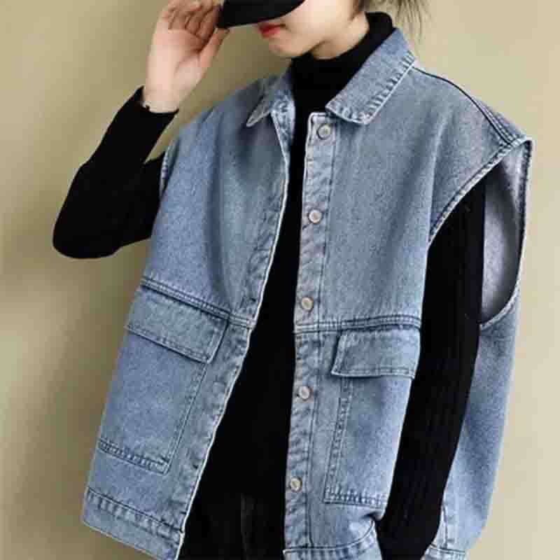 Chaqueta de mezclilla fina sin mangas de un solo pecho para mujer, estilo retro literario y artístico, de talla grande, holgada, combinable e informal, de primavera y verano