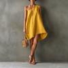Women Casual Loose Fit One Shoulder Dress Linen Cotton Blend Raw Edge Irregular Hem Summer Beachwear Tunic