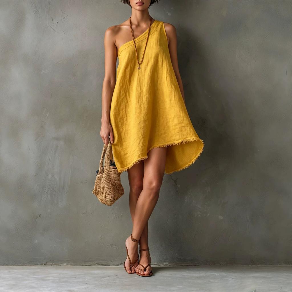 Women Casual Loose Fit One Shoulder Dress Linen Cotton Blend Raw Edge Irregular Hem Summer Beachwear Tunic
