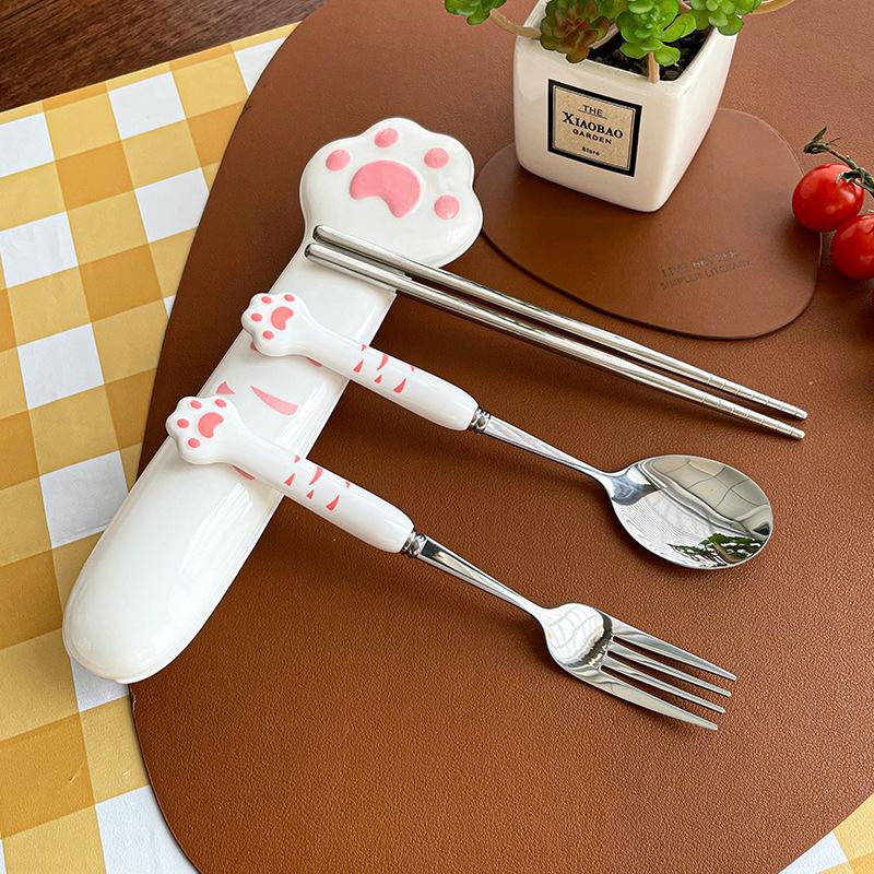 Cute Cat Paw Cutlery Set Stainless Steel Fork Spoon With Storage Box Dinnerware Tableware Silverware Lunch Portable Tableware