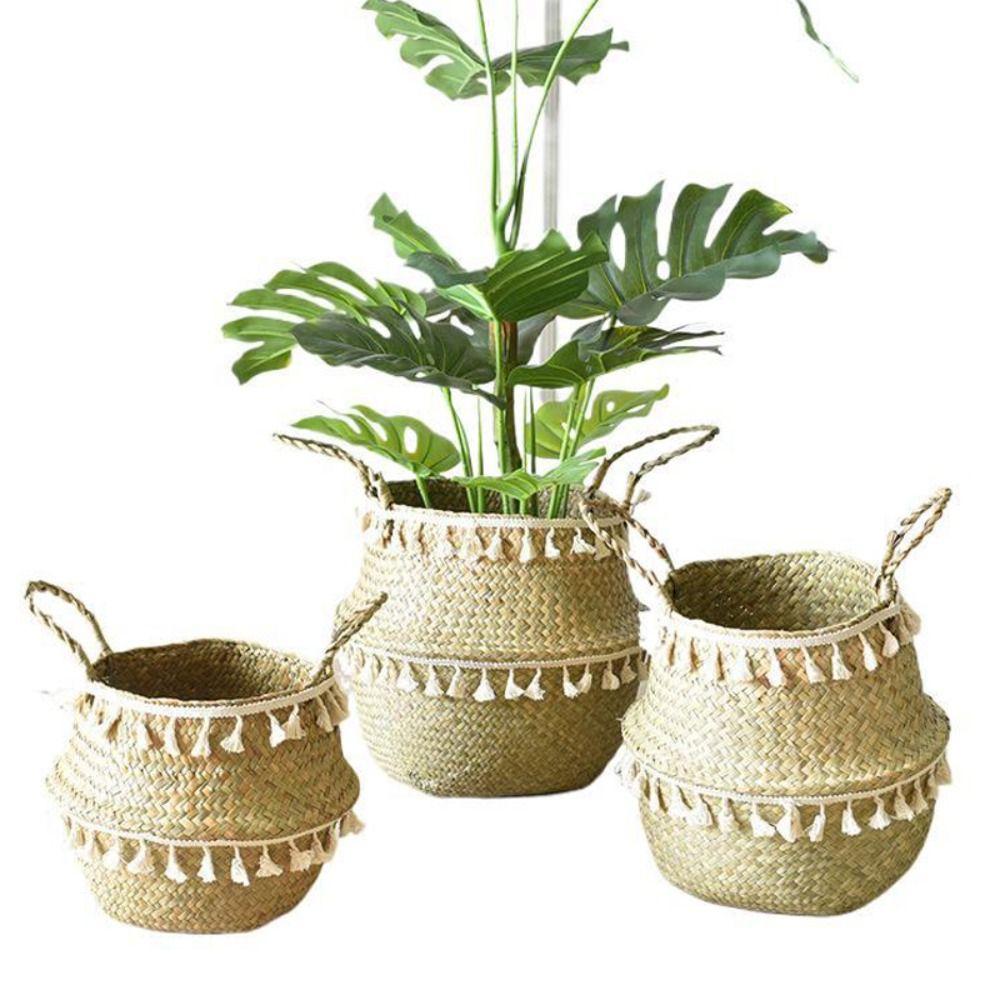 With Handle Wicker Basket Tassel Design Hand Woven Basket Handmade Rattan Basket  Home Decor