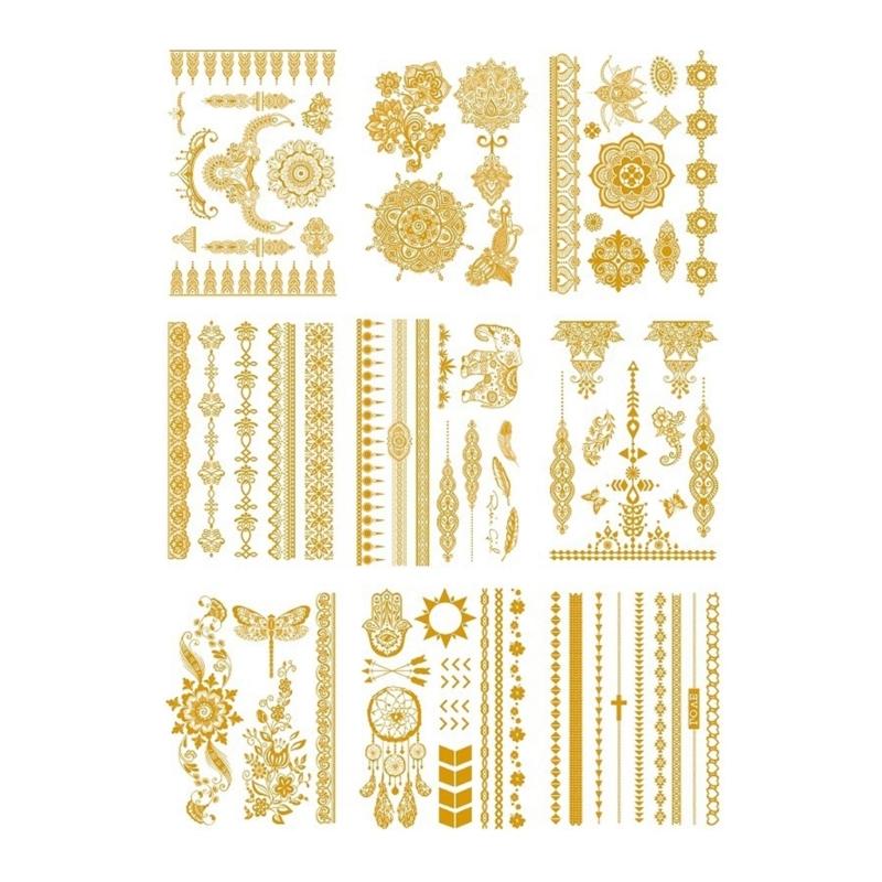 9 Blatt Premium Goldfolie Temporäre Tattoos für Partys und Events mit metallischen Designs und einfacher Anwendung