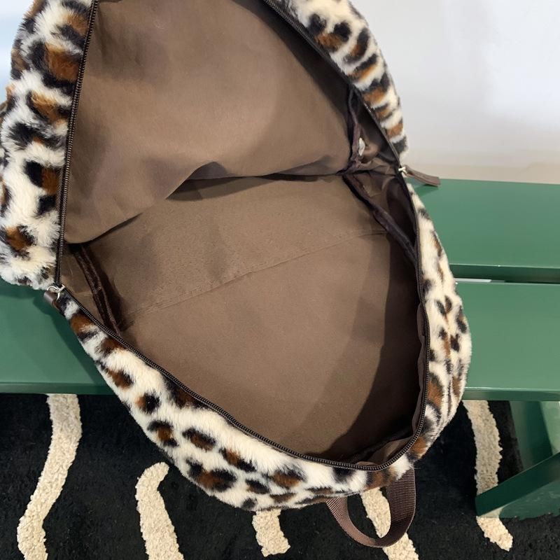 Baigou Luggage Large-capacity Plush Backpack Women's 2025 New Leopard Print Versatile Student Schoolbag Simple Handbag