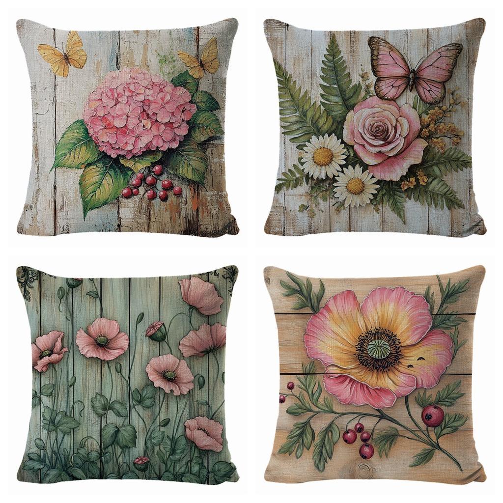 Spring Pink Flower Linen Printed Pillowcase, Nordic Festival Decoration, Simple Living Room Cushion