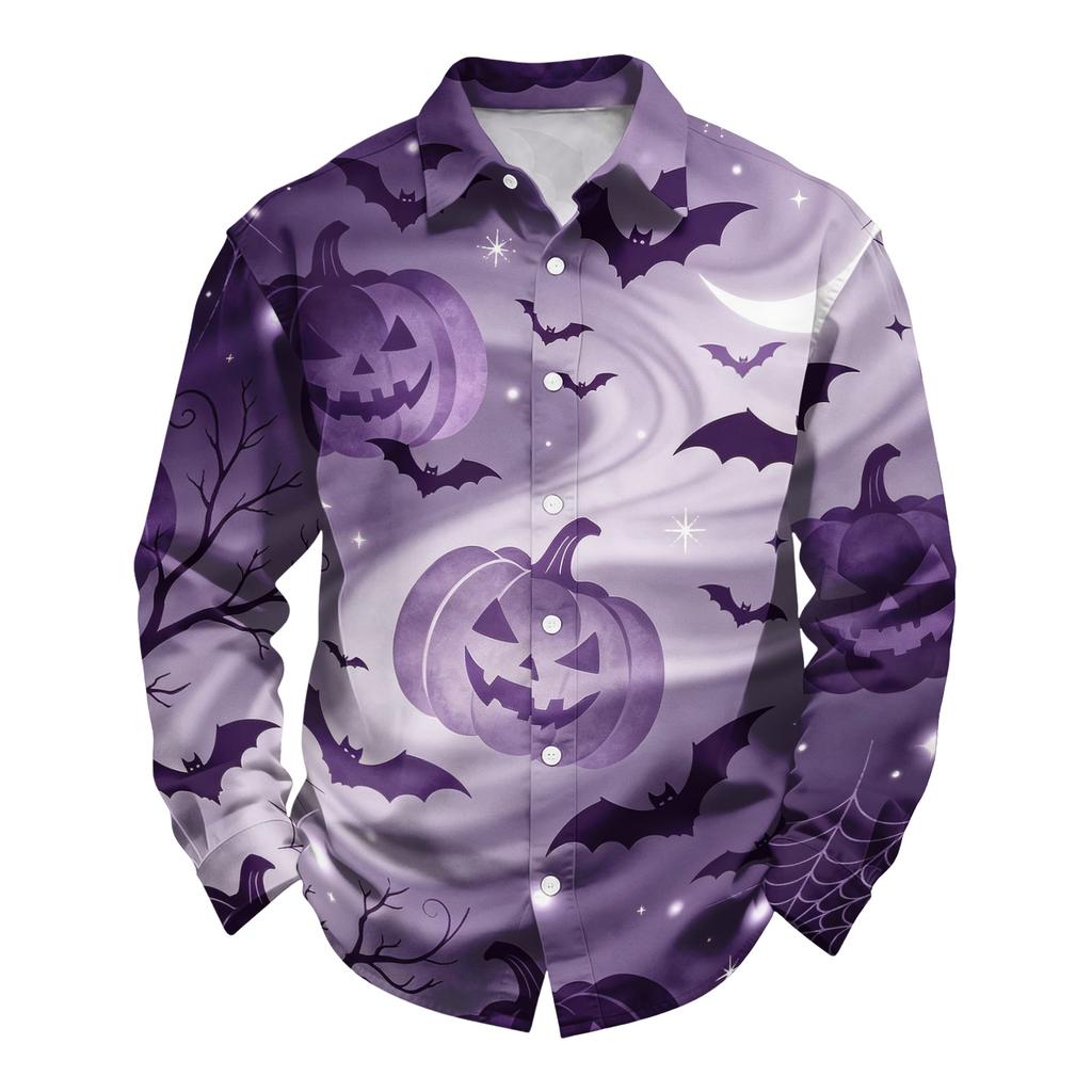 Men's Loose Fit Long Sleeve Shirt Halloween Pumpkin Print Casual Button Down Shirt Vintage Style Breathable Fabric Comfortable for Outdoor Workwear